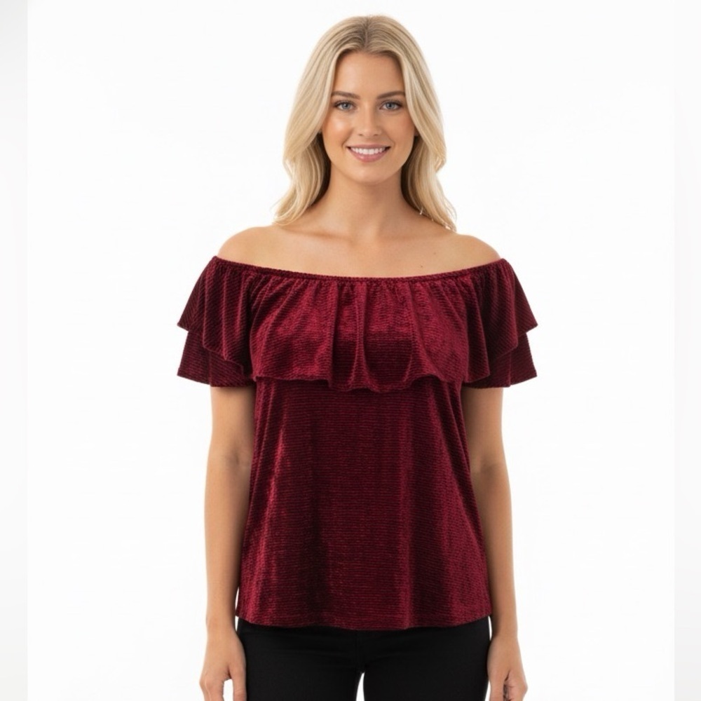 Knox Rose medium cranberry velvet ruffle top